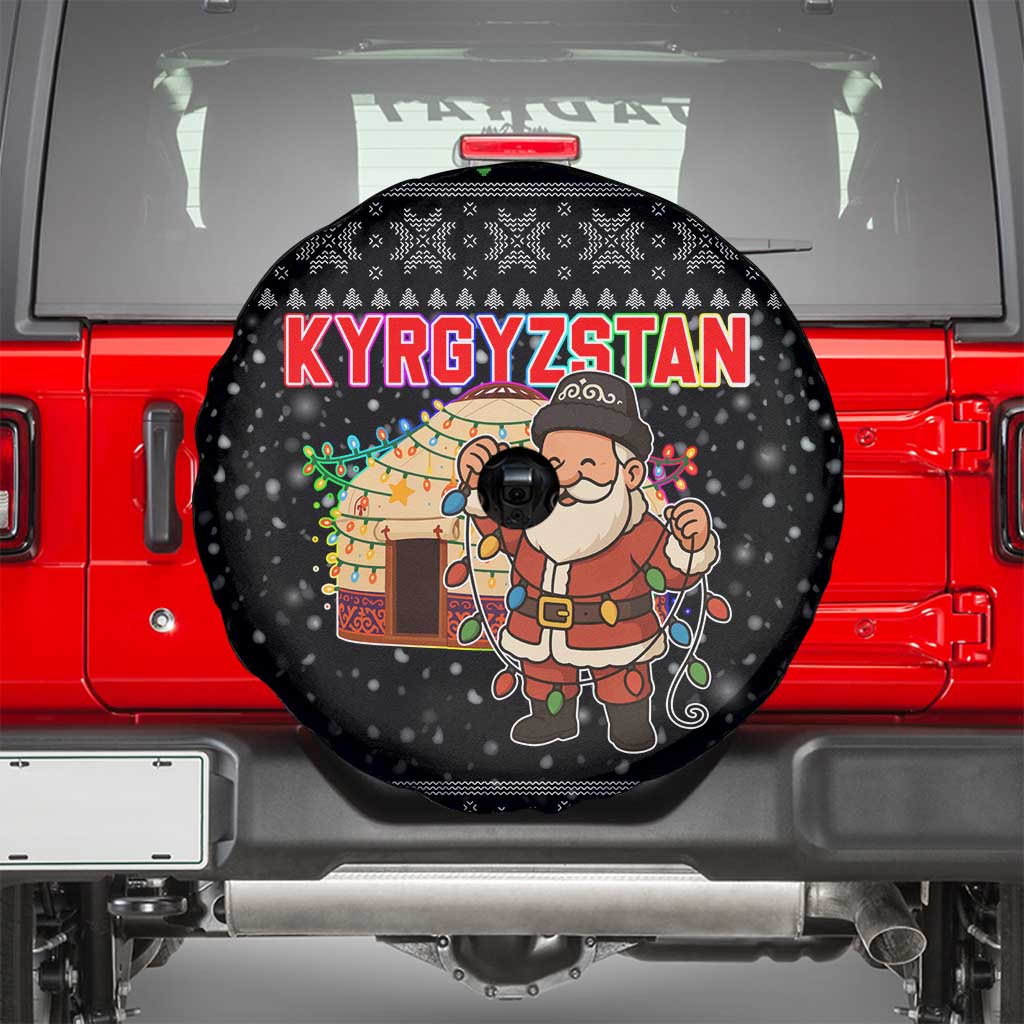 Kyrgyzstan Christmas Spare Tire Cover with Santa Decorating Yurt Colorful Lights Snowflakes and National - Wonder Print Shop