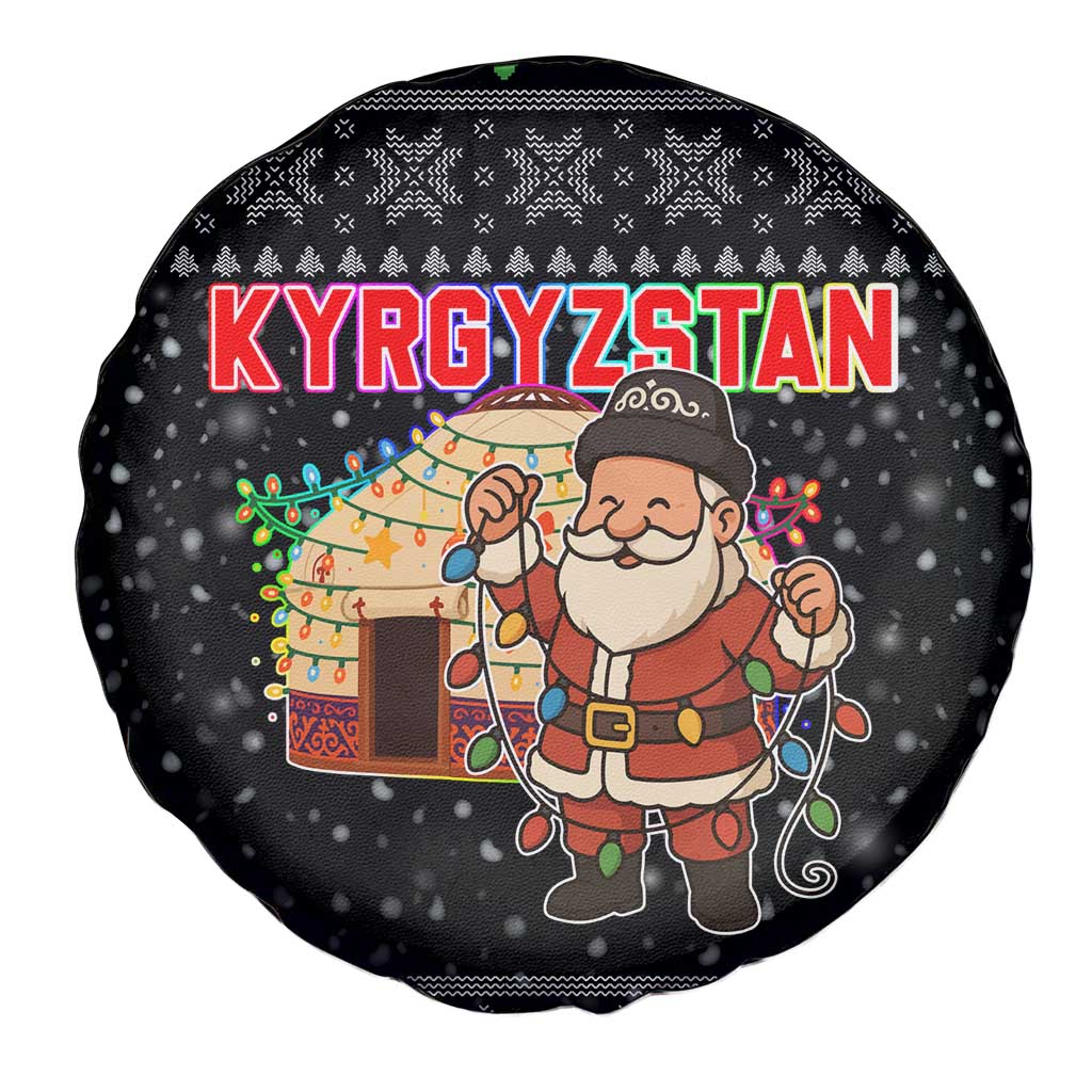 Kyrgyzstan Christmas Spare Tire Cover with Santa Decorating Yurt Colorful Lights Snowflakes and National - Wonder Print Shop