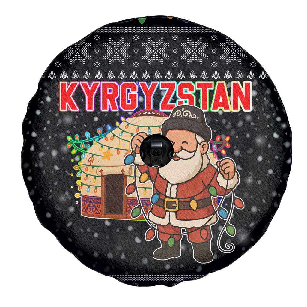 Kyrgyzstan Christmas Spare Tire Cover with Santa Decorating Yurt Colorful Lights Snowflakes and National - Wonder Print Shop