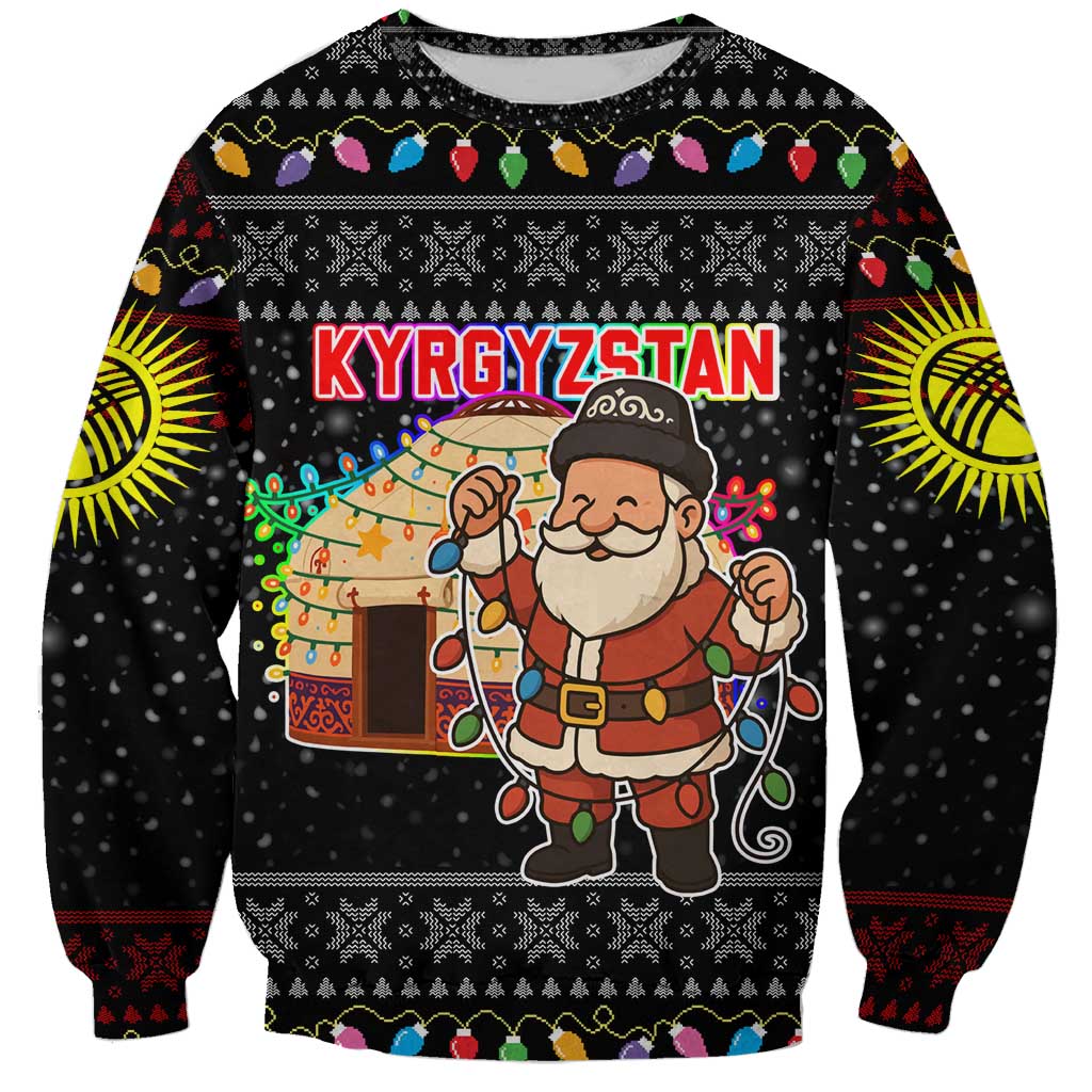 Kyrgyzstan Christmas Sweatshirt with Santa Decorating Yurt Colorful Lights Snowflakes and National - Wonder Print Shop