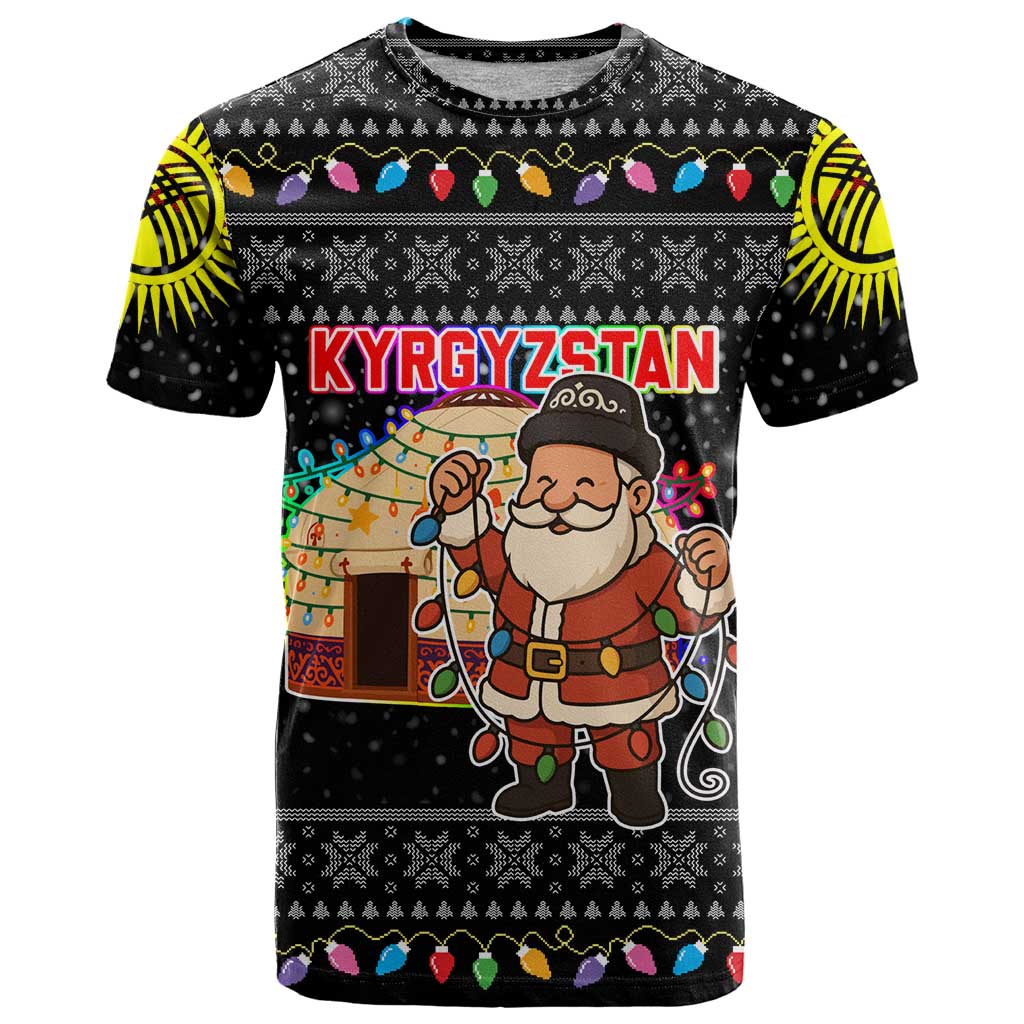 Kyrgyzstan Christmas T Shirt with Santa Decorating Yurt Colorful Lights Snowflakes and National - Wonder Print Shop