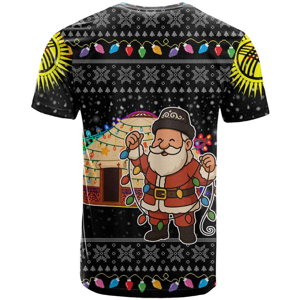 Kyrgyzstan Christmas T Shirt with Santa Decorating Yurt Colorful Lights Snowflakes and National - Wonder Print Shop