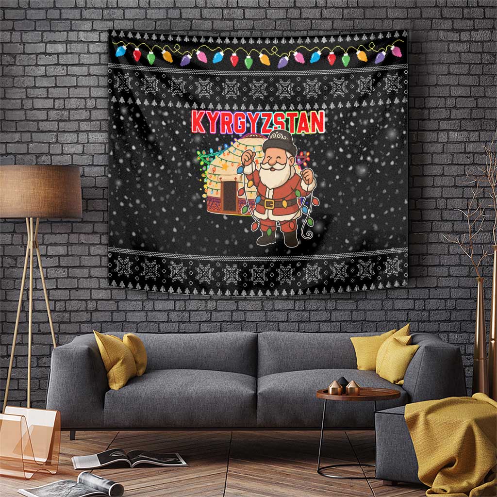 Kyrgyzstan Christmas Tapestry with Santa Decorating Yurt Colorful Lights Snowflakes and National - Wonder Print Shop