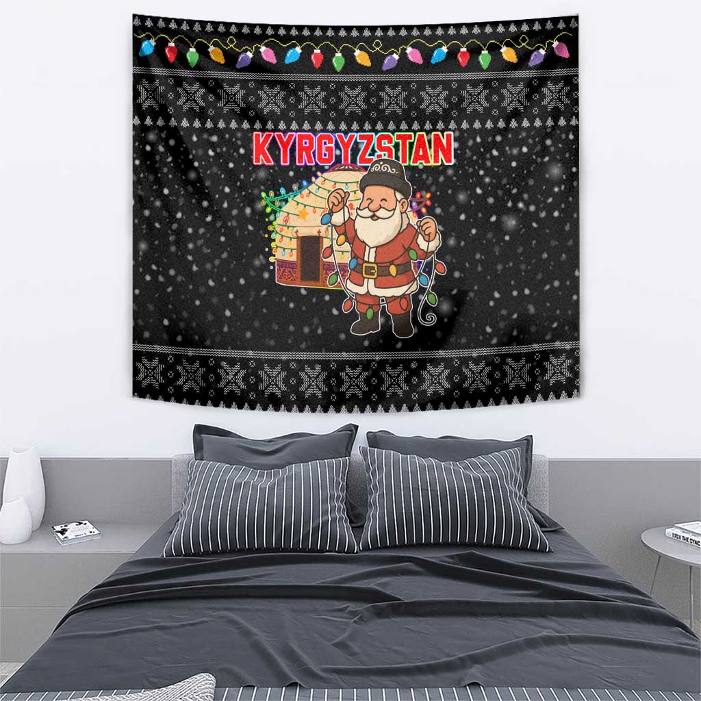 Kyrgyzstan Christmas Tapestry with Santa Decorating Yurt Colorful Lights Snowflakes and National - Wonder Print Shop
