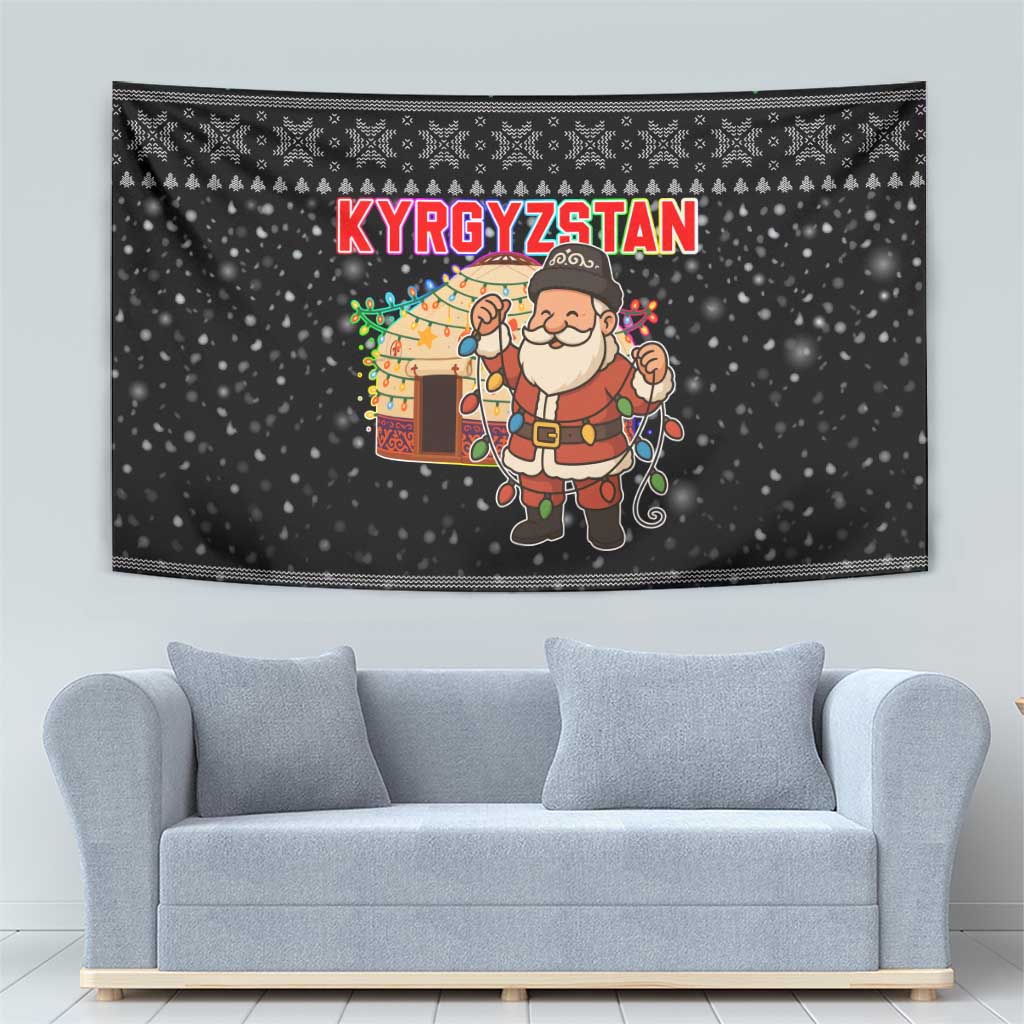 Kyrgyzstan Christmas Tapestry with Santa Decorating Yurt Colorful Lights Snowflakes and National - Wonder Print Shop
