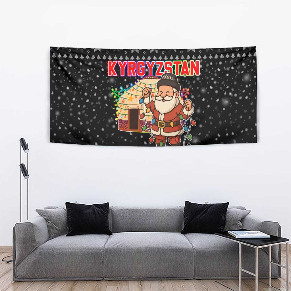 Kyrgyzstan Christmas Tapestry with Santa Decorating Yurt Colorful Lights Snowflakes and National - Wonder Print Shop