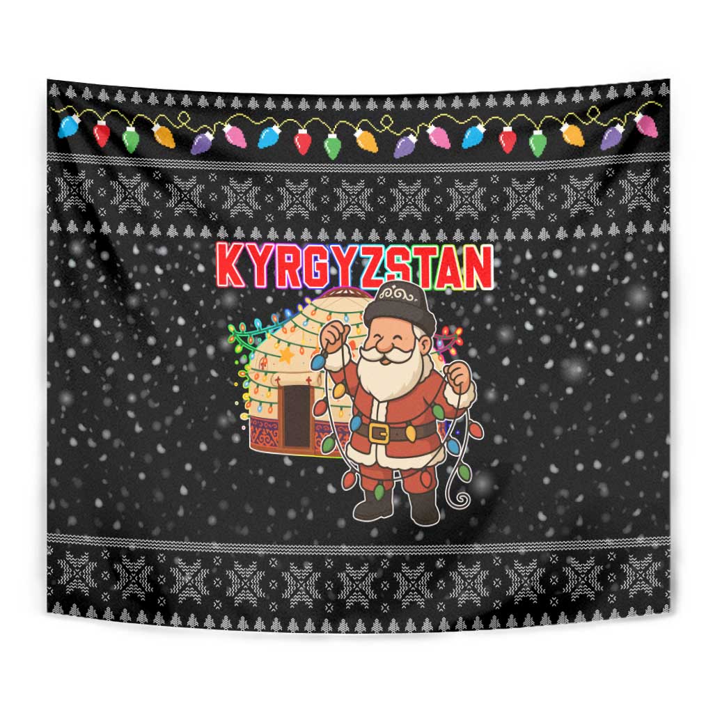 Kyrgyzstan Christmas Tapestry with Santa Decorating Yurt Colorful Lights Snowflakes and National - Wonder Print Shop