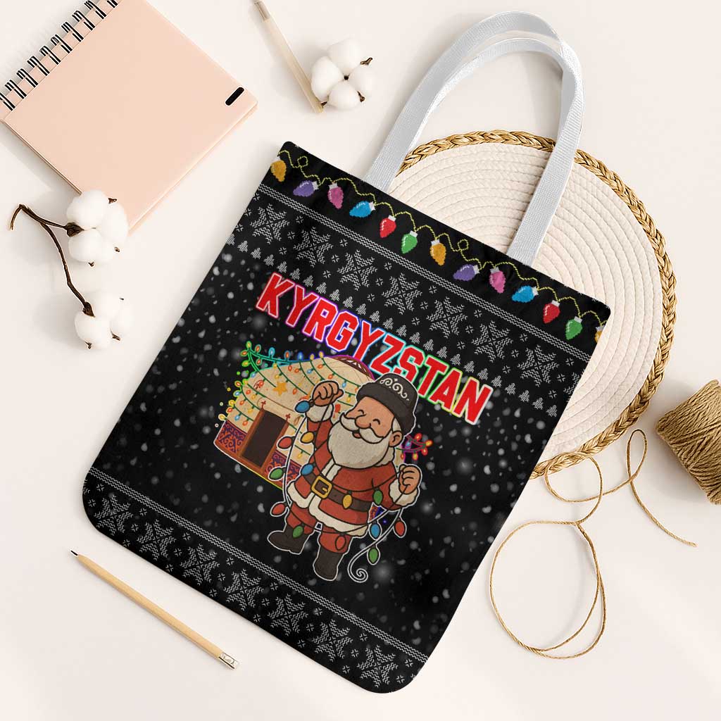 Kyrgyzstan Christmas Tote Bag with Santa Decorating Yurt Colorful Lights Snowflakes and National - Wonder Print Shop