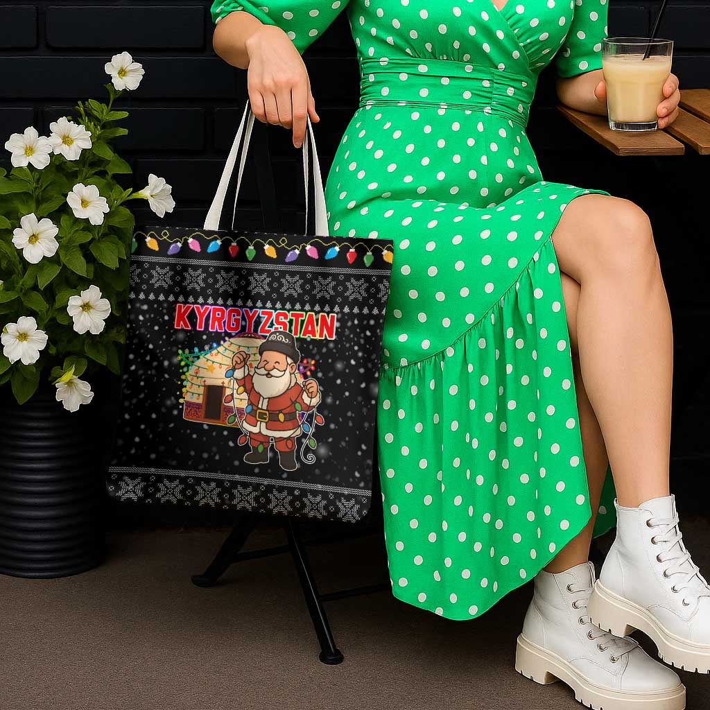 Kyrgyzstan Christmas Tote Bag with Santa Decorating Yurt Colorful Lights Snowflakes and National - Wonder Print Shop