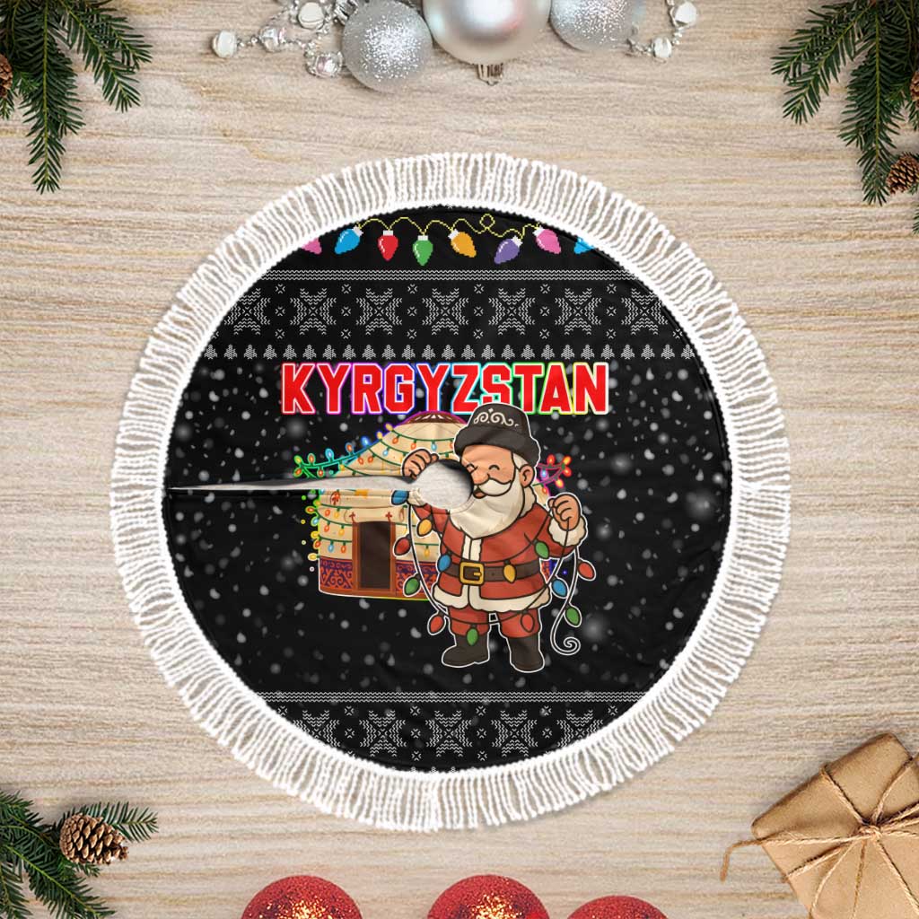 Kyrgyzstan Christmas Tree Skirt with Santa Decorating Yurt Colorful Lights Snowflakes and National - Wonder Print Shop