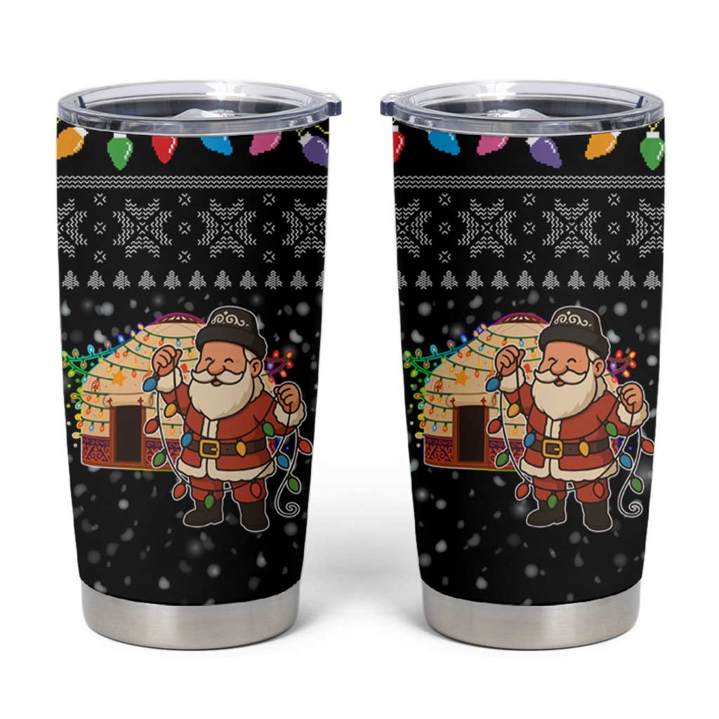 Kyrgyzstan Christmas Tumbler Cup with Santa Decorating Yurt Colorful Lights Snowflakes and National - Wonder Print Shop