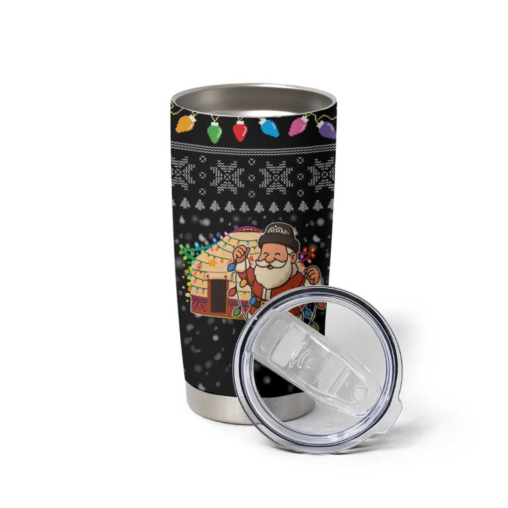 Kyrgyzstan Christmas Tumbler Cup with Santa Decorating Yurt Colorful Lights Snowflakes and National - Wonder Print Shop