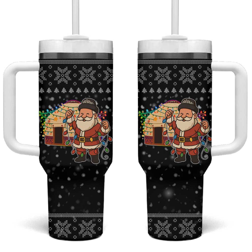 Kyrgyzstan Christmas Tumbler With Handle with Santa Decorating Yurt Colorful Lights Snowflakes and National - Wonder Print Shop