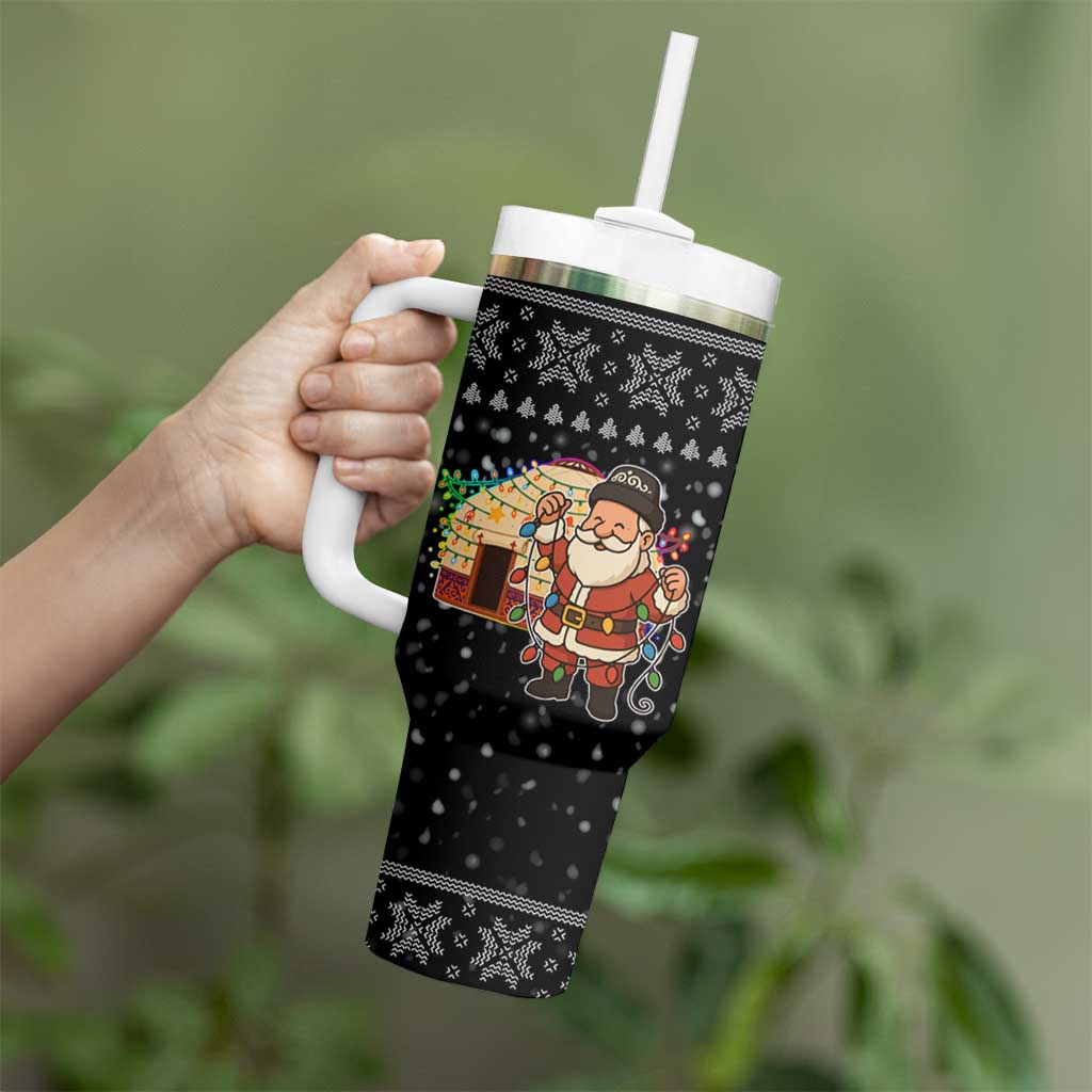 Kyrgyzstan Christmas Tumbler With Handle with Santa Decorating Yurt Colorful Lights Snowflakes and National - Wonder Print Shop