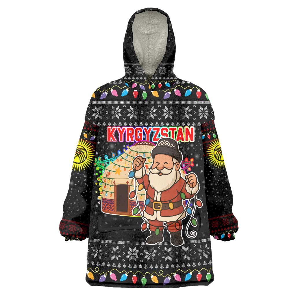 Kyrgyzstan Christmas Wearable Blanket Hoodie with Santa Decorating Yurt Colorful Lights Snowflakes and National - Wonder Print Shop
