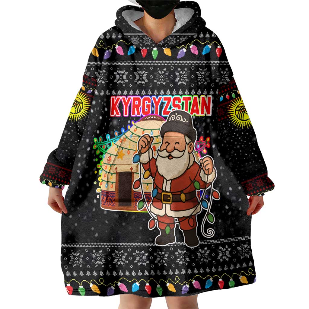 Kyrgyzstan Christmas Wearable Blanket Hoodie with Santa Decorating Yurt Colorful Lights Snowflakes and National - Wonder Print Shop