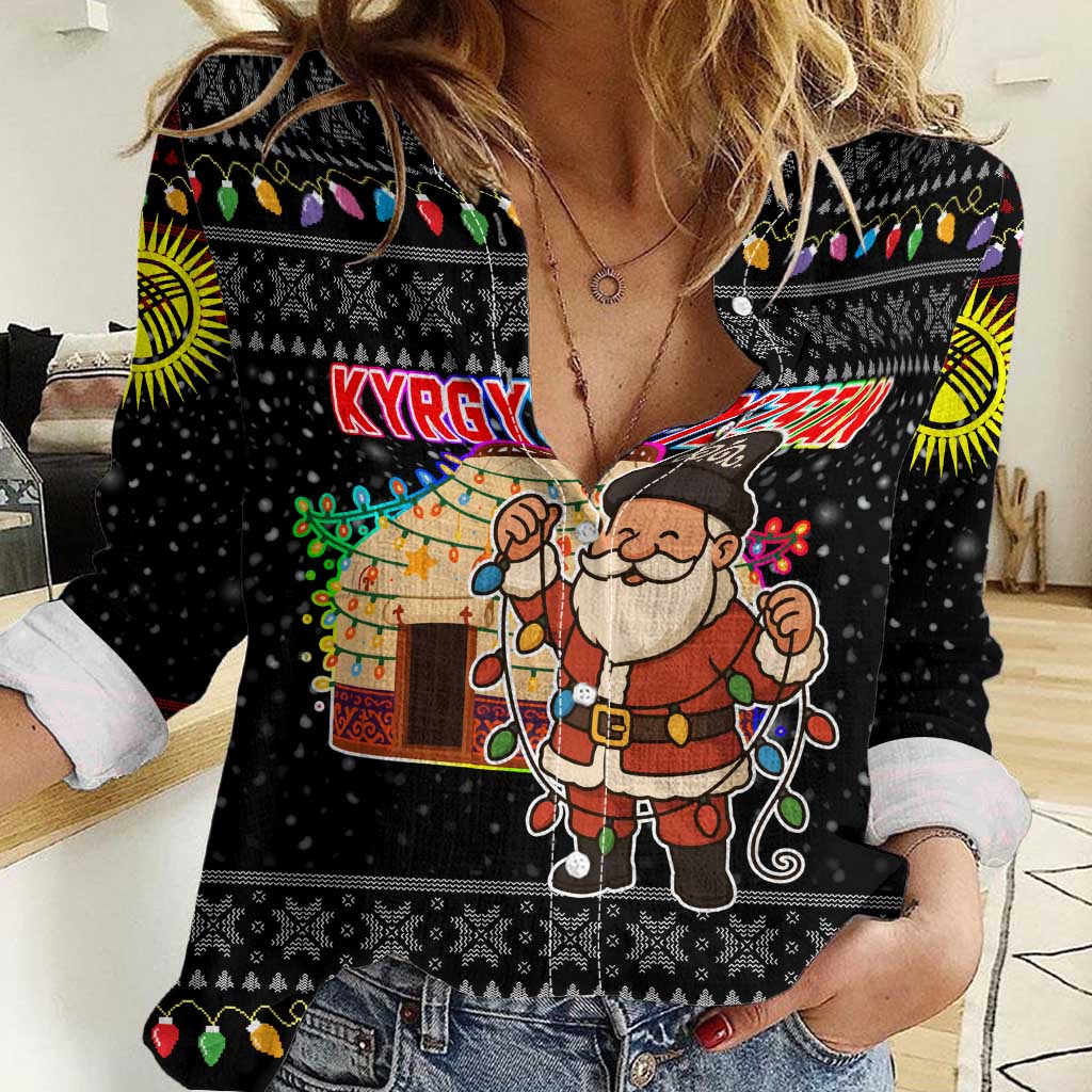 Kyrgyzstan Christmas Women Casual Shirt with Santa Decorating Yurt Colorful Lights Snowflakes and National - Wonder Print Shop