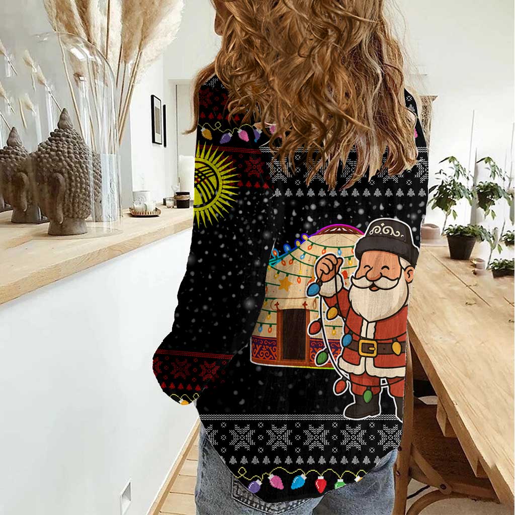 Kyrgyzstan Christmas Women Casual Shirt with Santa Decorating Yurt Colorful Lights Snowflakes and National - Wonder Print Shop