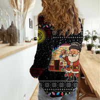 Kyrgyzstan Christmas Women Casual Shirt with Santa Decorating Yurt Colorful Lights Snowflakes and National - Wonder Print Shop