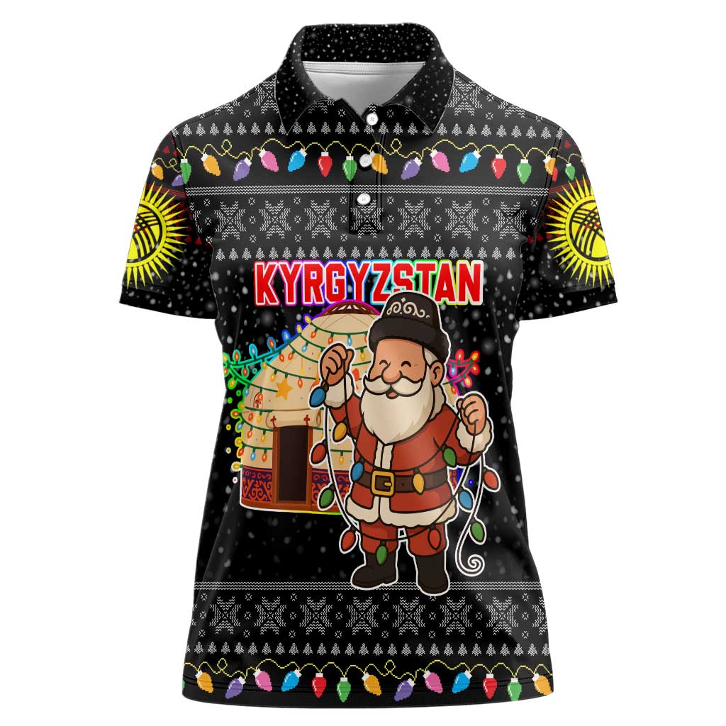 Kyrgyzstan Christmas Women Polo Shirt with Santa Decorating Yurt Colorful Lights Snowflakes and National - Wonder Print Shop