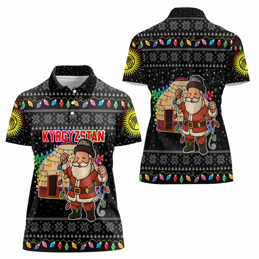 Kyrgyzstan Christmas Women Polo Shirt with Santa Decorating Yurt Colorful Lights Snowflakes and National - Wonder Print Shop