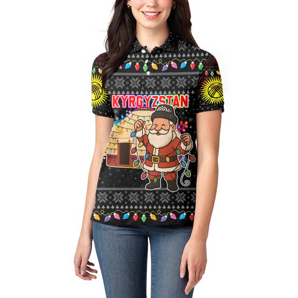 Kyrgyzstan Christmas Women Polo Shirt with Santa Decorating Yurt Colorful Lights Snowflakes and National - Wonder Print Shop