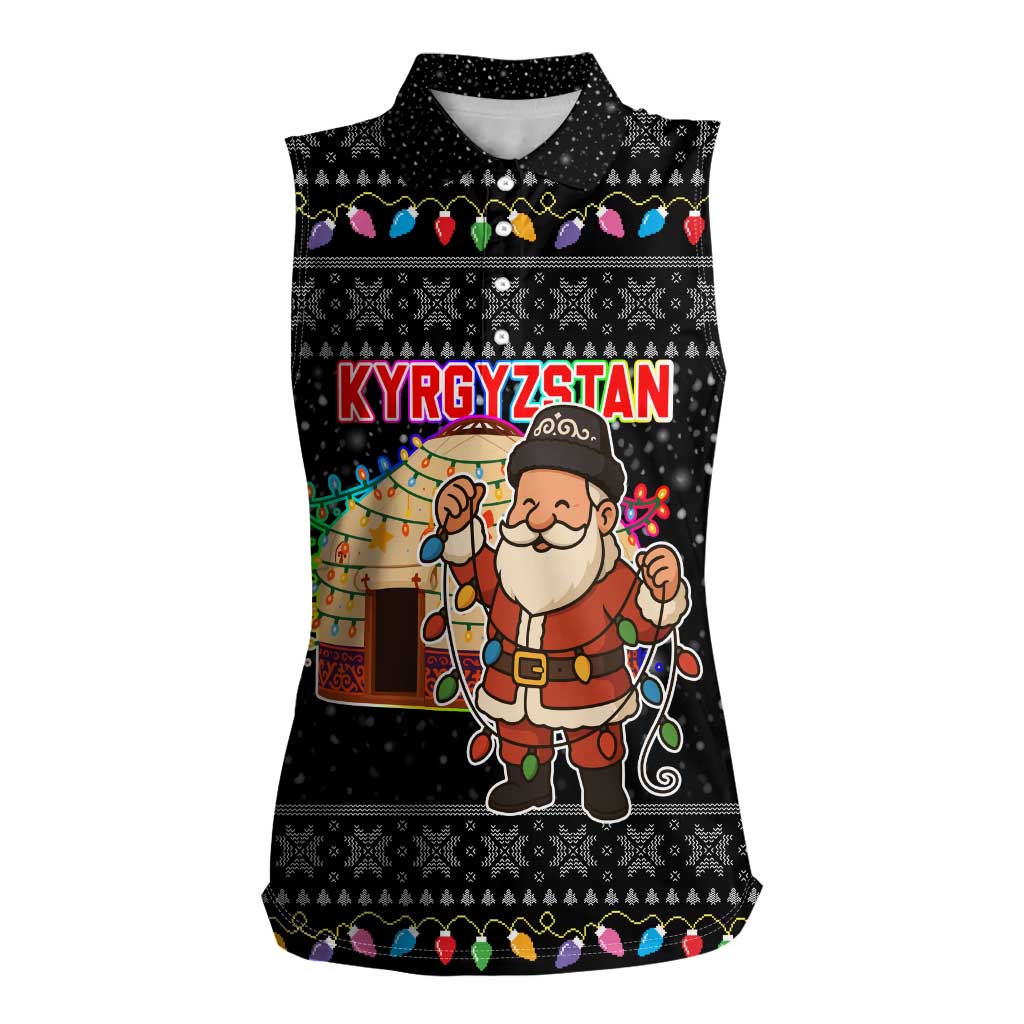 Kyrgyzstan Christmas Women Sleeveless Polo Shirt with Santa Decorating Yurt Colorful Lights Snowflakes and National - Wonder Print Shop