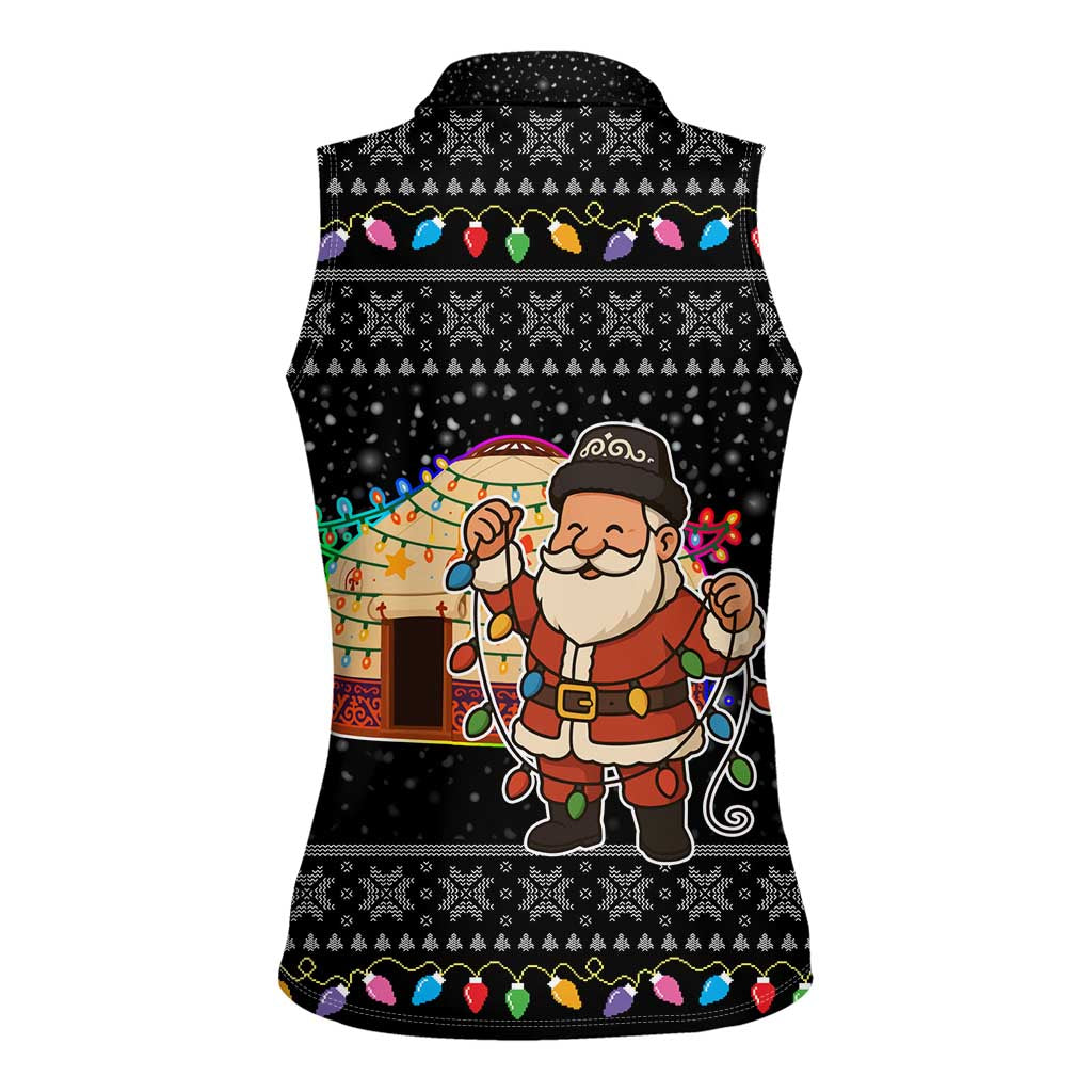 Kyrgyzstan Christmas Women Sleeveless Polo Shirt with Santa Decorating Yurt Colorful Lights Snowflakes and National - Wonder Print Shop
