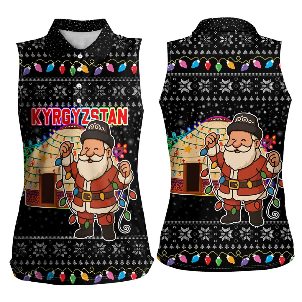 Kyrgyzstan Christmas Women Sleeveless Polo Shirt with Santa Decorating Yurt Colorful Lights Snowflakes and National - Wonder Print Shop