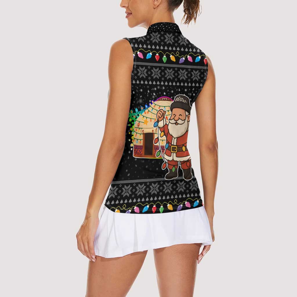 Kyrgyzstan Christmas Women Sleeveless Polo Shirt with Santa Decorating Yurt Colorful Lights Snowflakes and National - Wonder Print Shop