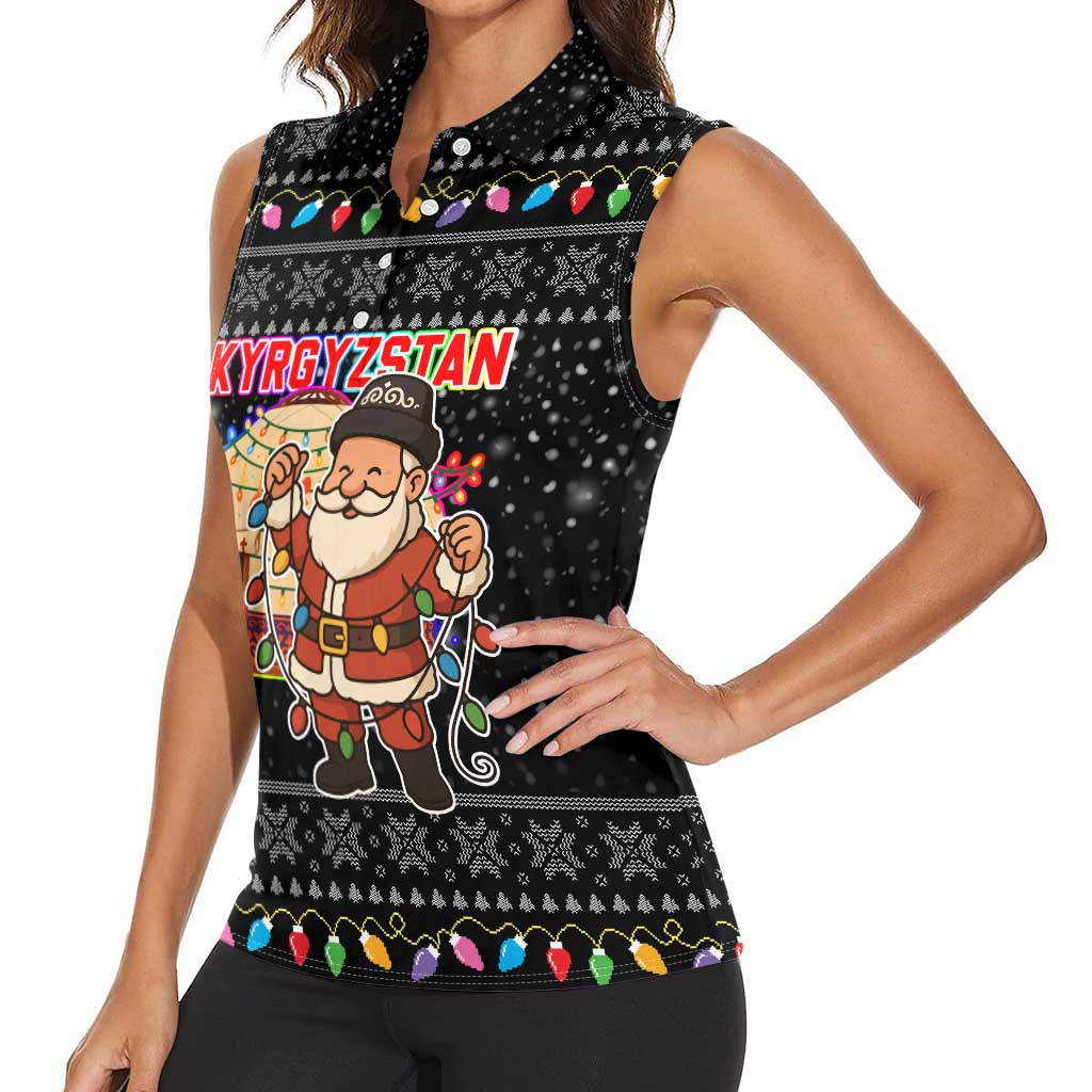 Kyrgyzstan Christmas Women Sleeveless Polo Shirt with Santa Decorating Yurt Colorful Lights Snowflakes and National - Wonder Print Shop