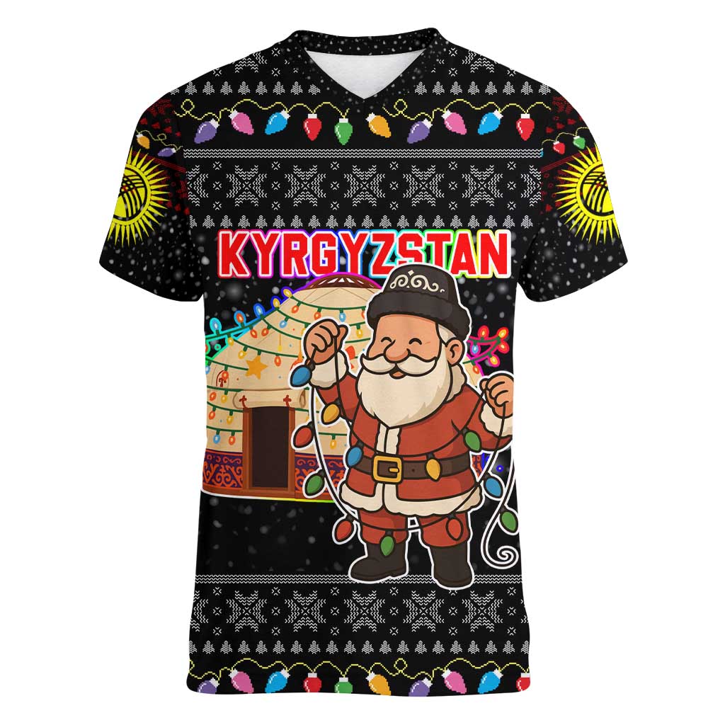 Kyrgyzstan Christmas Women V-Neck T-Shirt with Santa Decorating Yurt Colorful Lights Snowflakes and National - Wonder Print Shop