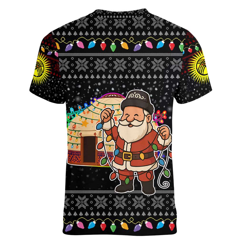 Kyrgyzstan Christmas Women V-Neck T-Shirt with Santa Decorating Yurt Colorful Lights Snowflakes and National - Wonder Print Shop
