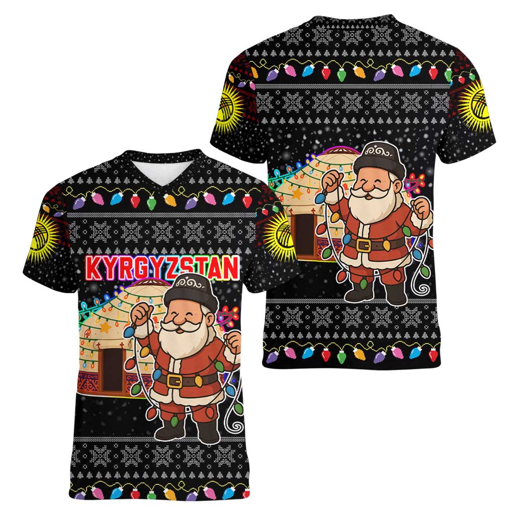 Kyrgyzstan Christmas Women V-Neck T-Shirt with Santa Decorating Yurt Colorful Lights Snowflakes and National - Wonder Print Shop