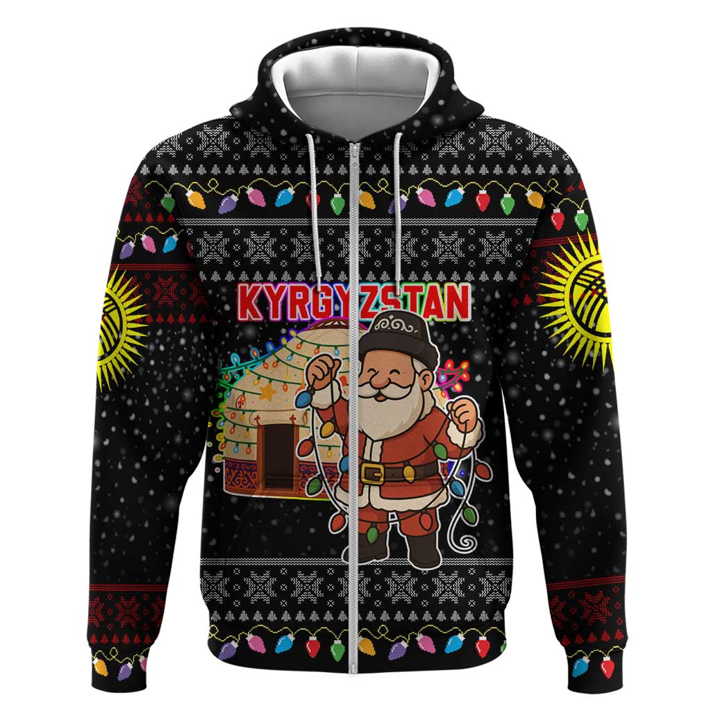 Kyrgyzstan Christmas Zip Hoodie with Santa Decorating Yurt Colorful Lights Snowflakes and National - Wonder Print Shop