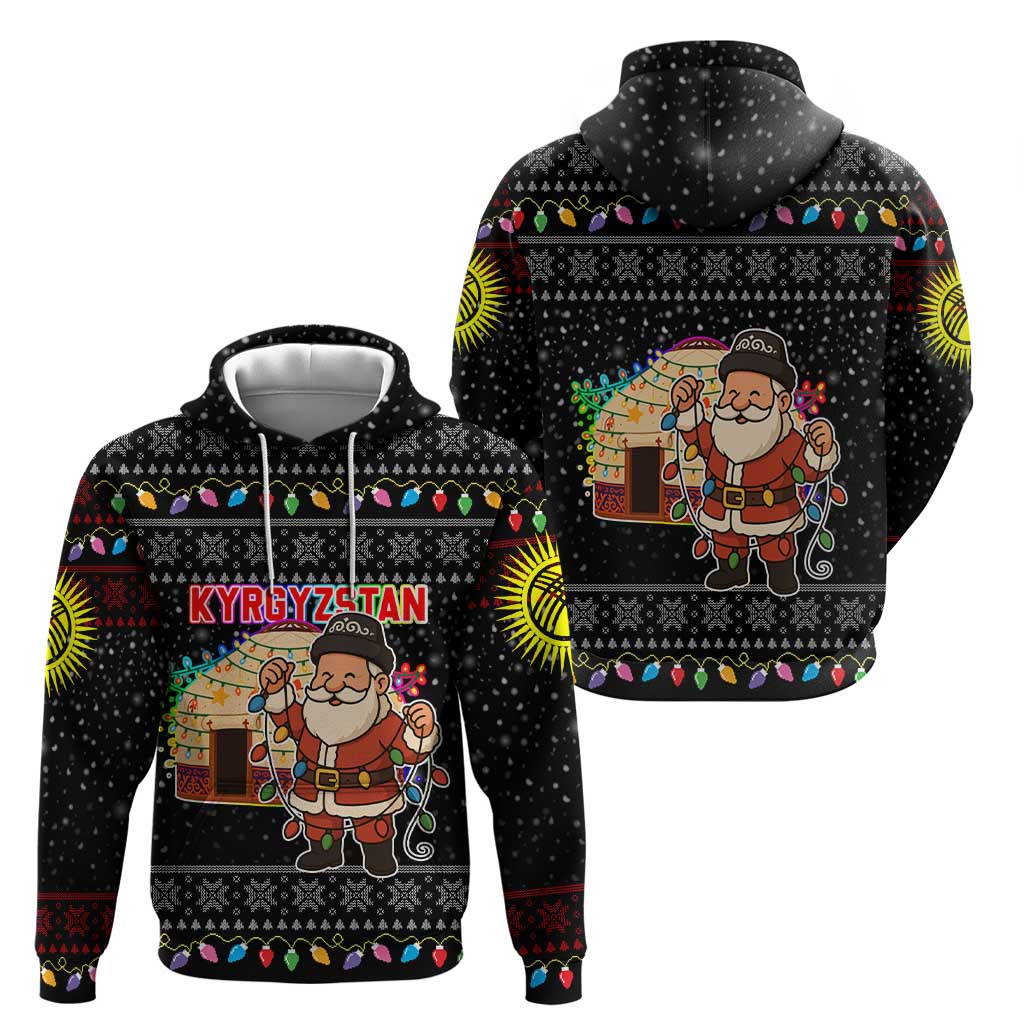 Kyrgyzstan Christmas Zip Hoodie with Santa Decorating Yurt Colorful Lights Snowflakes and National - Wonder Print Shop
