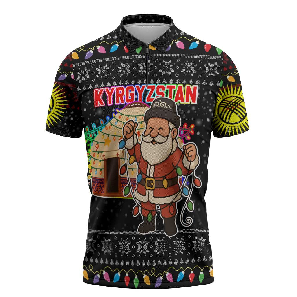 Kyrgyzstan Christmas Zipper Polo Shirt with Santa Decorating Yurt Colorful Lights Snowflakes and National - Wonder Print Shop