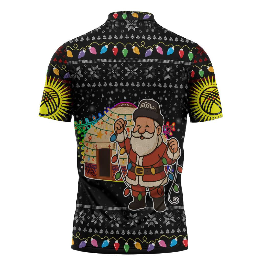 Kyrgyzstan Christmas Zipper Polo Shirt with Santa Decorating Yurt Colorful Lights Snowflakes and National - Wonder Print Shop
