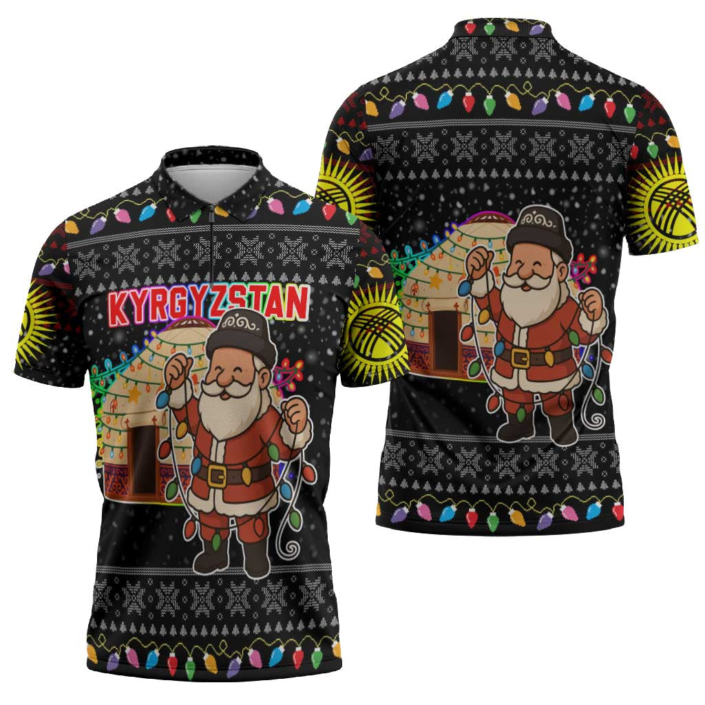 Kyrgyzstan Christmas Zipper Polo Shirt with Santa Decorating Yurt Colorful Lights Snowflakes and National - Wonder Print Shop