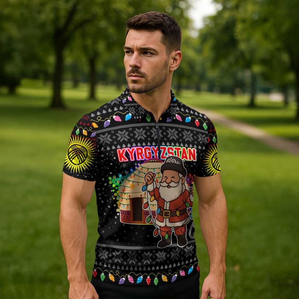 Kyrgyzstan Christmas Zipper Polo Shirt with Santa Decorating Yurt Colorful Lights Snowflakes and National - Wonder Print Shop
