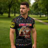 Kyrgyzstan Christmas Zipper Polo Shirt with Santa Decorating Yurt Colorful Lights Snowflakes and National - Wonder Print Shop