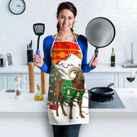 Kyrgyzstan Christmas Apron with Mountain Goat in Festive Red Snowflake Pattern and Holiday Tree - Wonder Print Shop