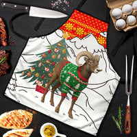Kyrgyzstan Christmas Apron with Mountain Goat in Festive Red Snowflake Pattern and Holiday Tree - Wonder Print Shop