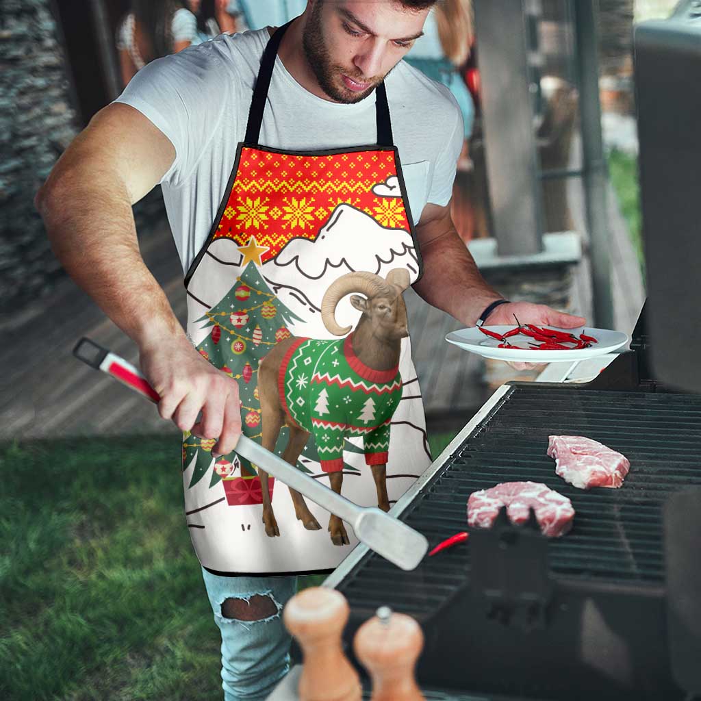 Kyrgyzstan Christmas Apron with Mountain Goat in Festive Red Snowflake Pattern and Holiday Tree - Wonder Print Shop