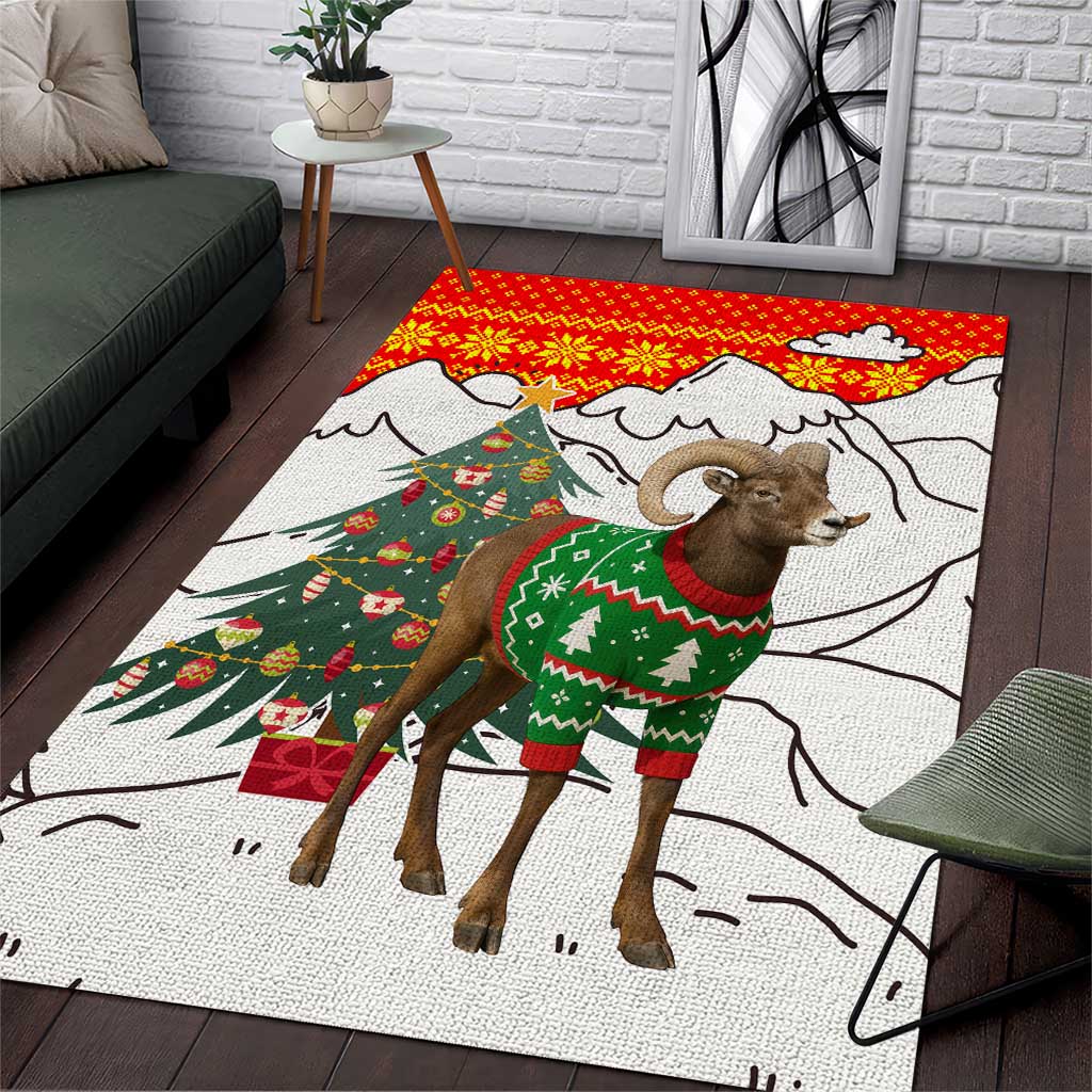 Kyrgyzstan Christmas Area Rug with Mountain Goat in Festive Red Snowflake Pattern and Holiday Tree - Wonder Print Shop