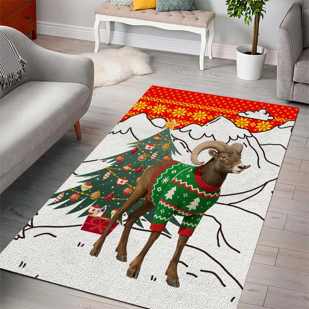 Kyrgyzstan Christmas Area Rug with Mountain Goat in Festive Red Snowflake Pattern and Holiday Tree - Wonder Print Shop