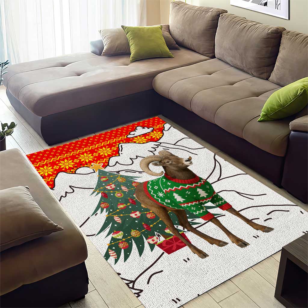 Kyrgyzstan Christmas Area Rug with Mountain Goat in Festive Red Snowflake Pattern and Holiday Tree - Wonder Print Shop
