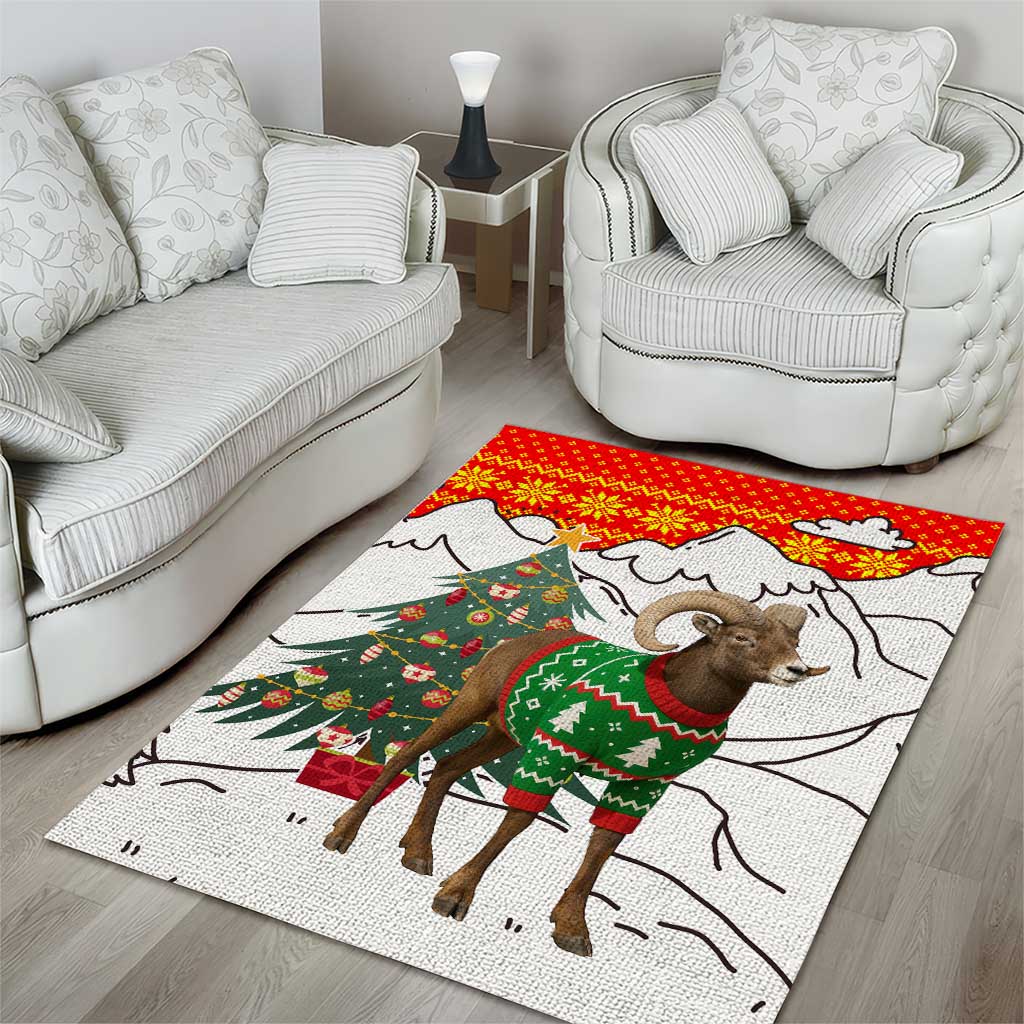 Kyrgyzstan Christmas Area Rug with Mountain Goat in Festive Red Snowflake Pattern and Holiday Tree - Wonder Print Shop