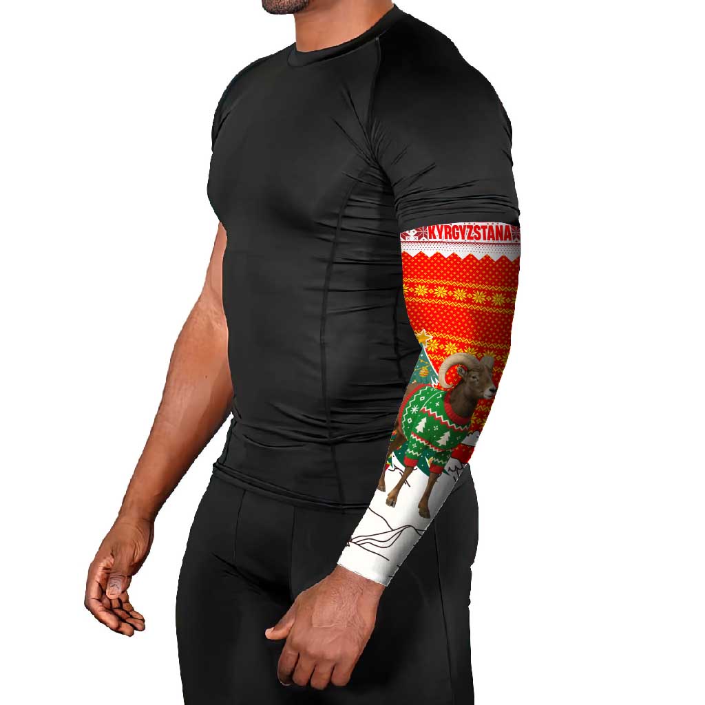Kyrgyzstan Christmas Arm Sleeves with Mountain Goat in Festive Red Snowflake Pattern and Holiday Tree - Wonder Print Shop