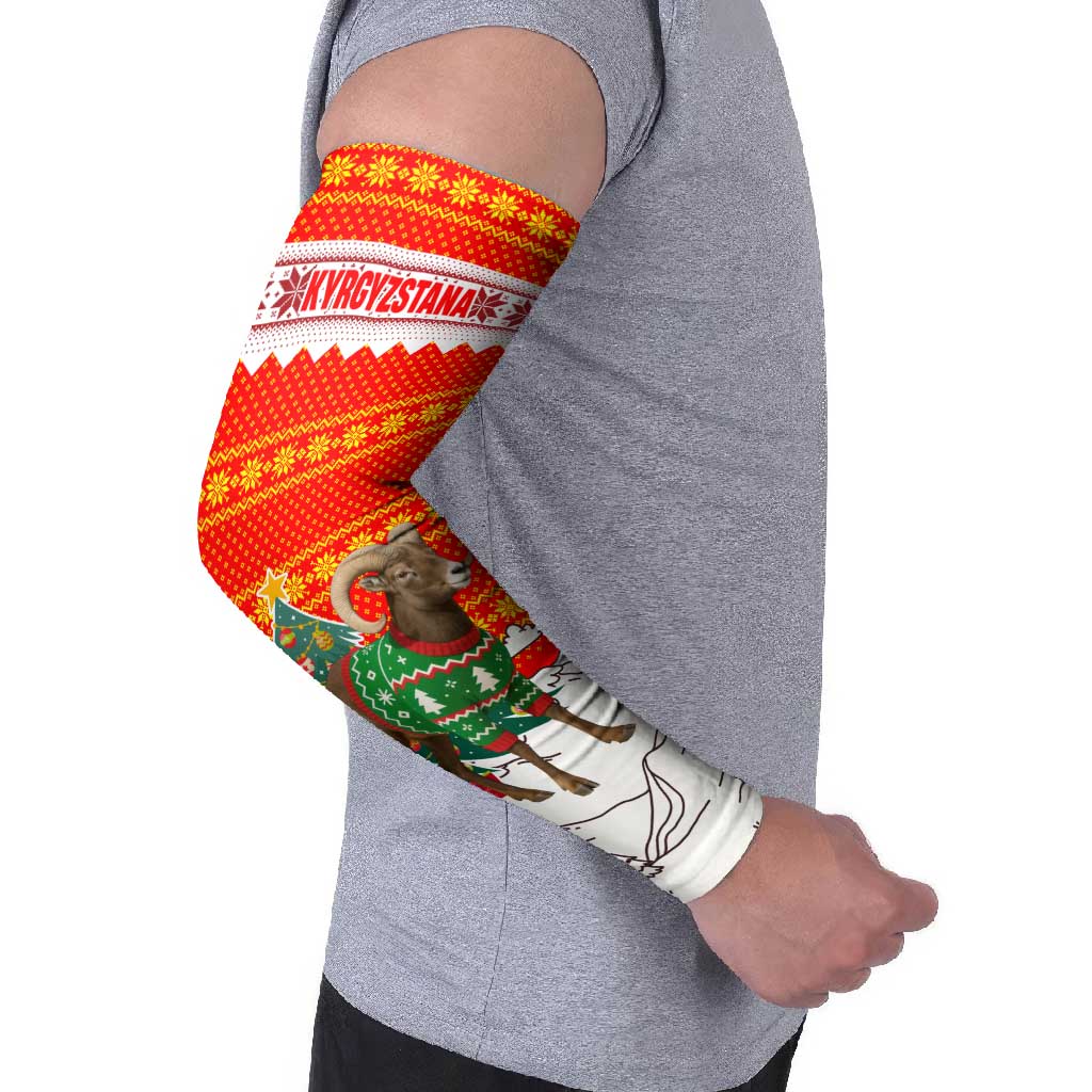 Kyrgyzstan Christmas Arm Sleeves with Mountain Goat in Festive Red Snowflake Pattern and Holiday Tree - Wonder Print Shop